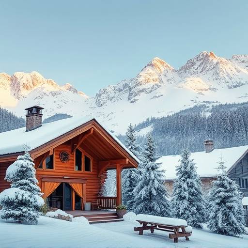 A cozy wooden cabin nestled in the snow-covered Swiss Alps.