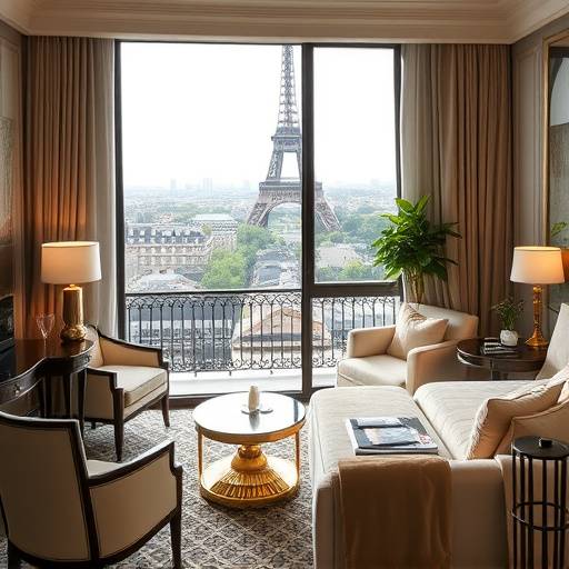 A luxurious hotel suite in Paris with a view of the Eiffel Tower.