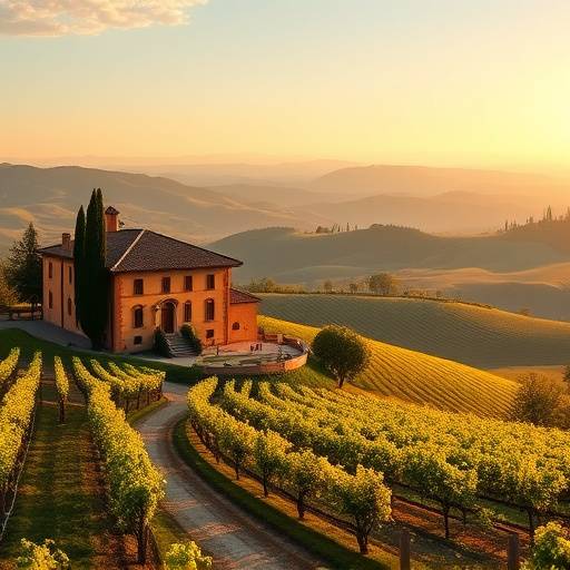 A luxurious villa in the Tuscan countryside with rolling hills and vineyards in the background.