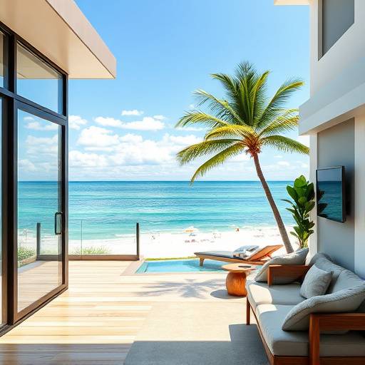 A modern beachfront apartment in Bali with a view of the ocean and palm trees.