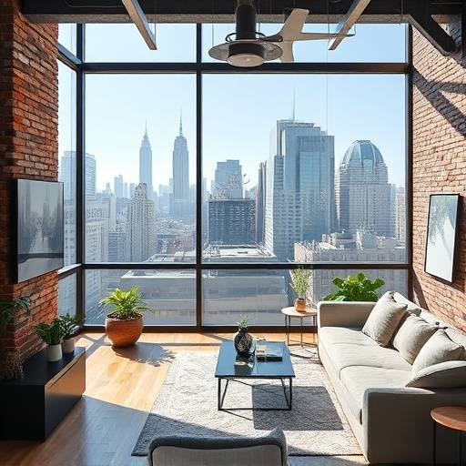 A modern loft apartment in New York City with exposed brick and city views.