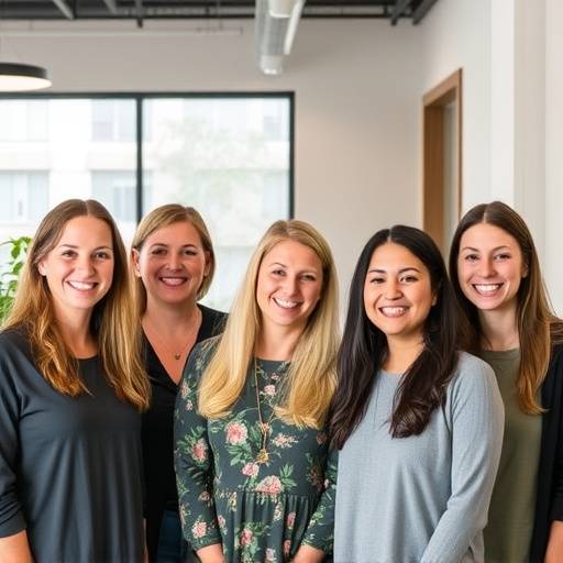A professional and friendly team photo of Serene Escapes employees smiling in a modern office environment.