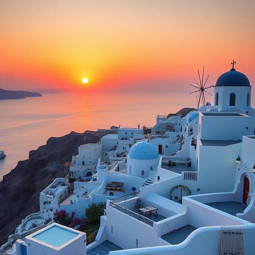 Panoramic view of Santorini, Greece with whitewashed buildings and a stunning sunset over the Aegean Sea.